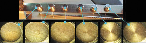 Катоды в откаченной колбе, обработанные с разными режимами излучения при отладке техпроцесса лазерного структурирования