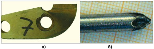Рис. 5 а) нож хирургических кусачек с лазерным упрочнением, б) головка отвертки с лазерным легированием