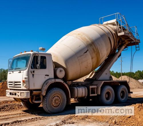 автобетоносмеситель с выдвинутым желобом разгружает бетон
