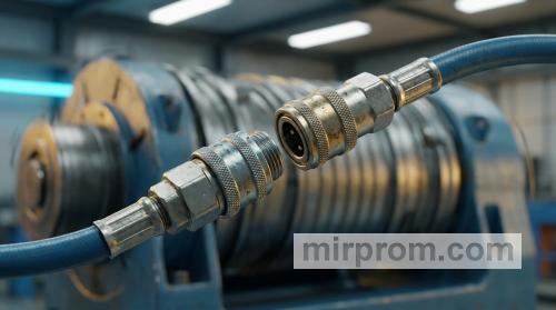 Быстросъемная муфта подключается к пневмошлангу на фоне вибрирующего станка