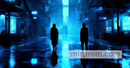 Два напарника в плащах идут по темному индустриальному коридору футуристического города