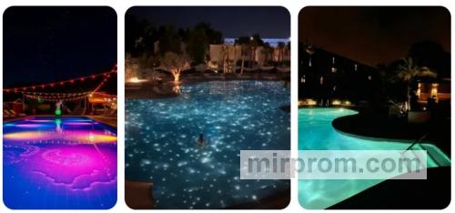 Фото бассейна в сумерках с лазурным LED светом