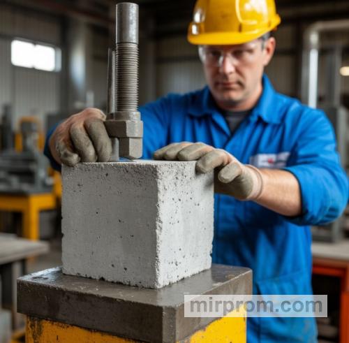инженер испытывает кубик бетона на гидравлическом прессе