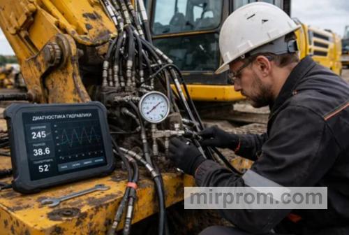 Инженер мобильной техпомощи с манометром подключается к гидросистеме автокрана на фоне строящегося здания.