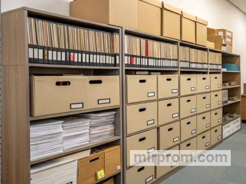 Папки с архивными документами и договорами лежат на стеллаже в офисе