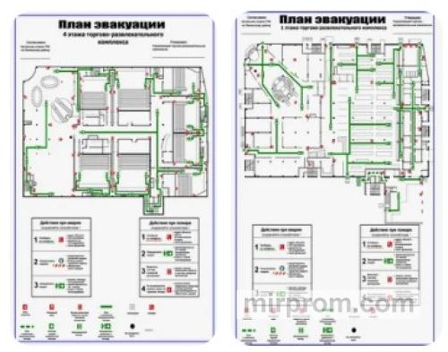 План этажа ТЦ с разметкой путей эвакуации вокруг островных мест
