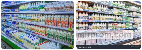 Полупустой стеллаж с молочной продукцией и сиротливо висящими ценниками