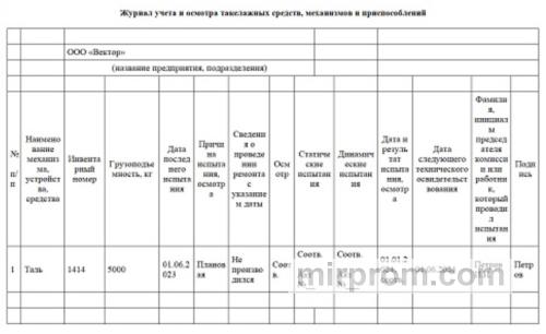 Пример правильно заполненного журнала технического обслуживания промышленного шлагбаума и ворот