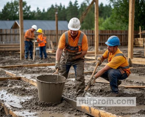 рабочие заливают бетонную смесь в деревянную опалубку