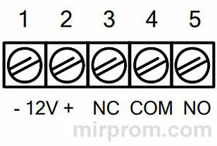 Схема подключения клемм питания и релейного выхода ACS-101